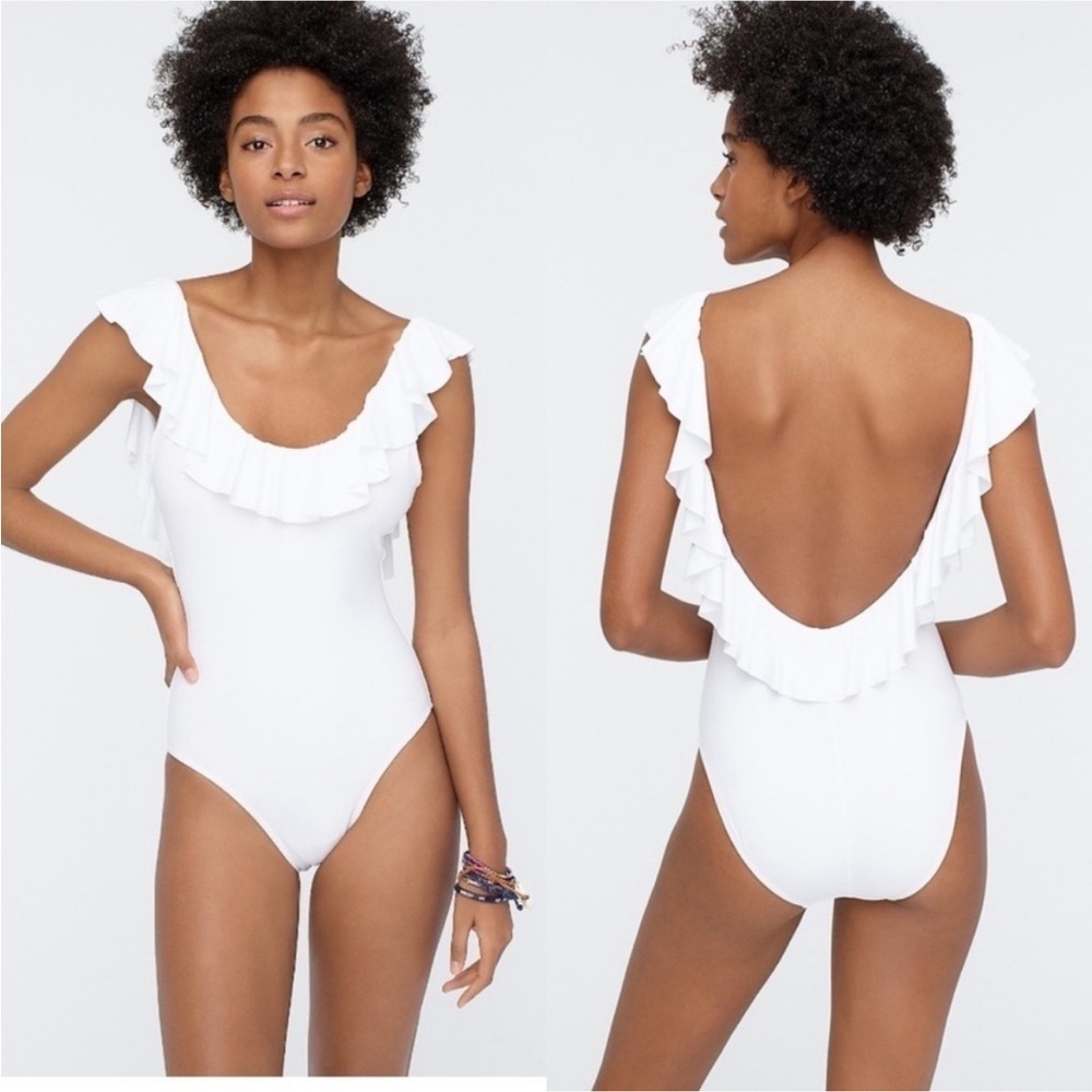 NWT J. Crew Size 24 White Scoop Neck Scoopback Ruffle One Piece Swimsuit AK952